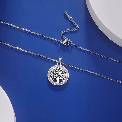 Dreamtimes Tree of Life Necklace for Women Stainless Steel Gold Color Clear Zircon Round Pendant Neck Chains Family Tree Fashion Charm Luxury Jewelry Wedding Gift - color: SILVER