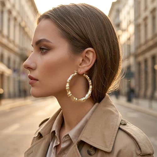 PAGOW 3 Pairs Large Bamboo Earrings, 14K Gold Plated Hoop Bamboo Earrings | Round Hoop Y2K Earrings, Hypoallergenic 80s 90s Shiny Hip Hop Earring Hoops for Women Jewelry Party - 3 Sizes - color: gold,hoop 3 sizes