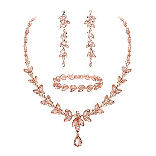 EVER FAITH Marquise Crystal Leaf Bridal Prom Jewelry Set for Women Bride | Rhinestone Wedding Party Necklace Dangle Earrings Tennis Bracelet, for Bridesmaid - color: Peach Rose