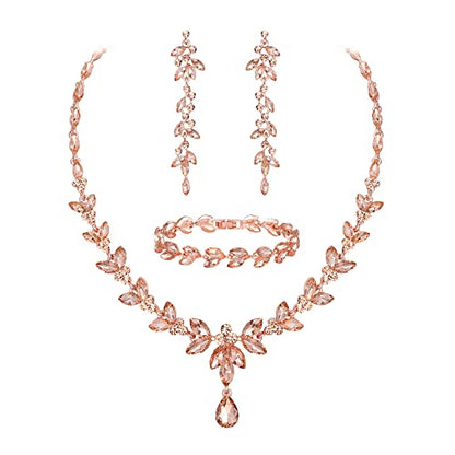 EVER FAITH Marquise Crystal Leaf Bridal Prom Jewelry Set for Women Bride | Rhinestone Wedding Party Necklace Dangle Earrings Tennis Bracelet, for Bridesmaid - color: Peach Rose
