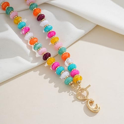 NIKOLUX Colorful Initial Necklaces for Women Chunky Resin Beaded Toggle Necklace 14K Gold Plated A-Z Bubble Letter Pendant Necklace Trendy Summer Beach Handmade Jewelry Gift - color: Colorful-C