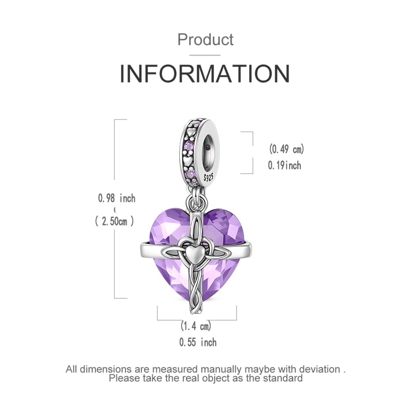 LNQOBU Birthstone Charm for Bracelets,925 Sterling Silve Heart Dangle Charms for Pandora Bracelets - color: F-June