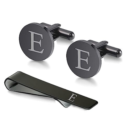WIGERLON Initial Cufflinks and Tie Clip Set for Men,Stainless steel Letter Cuff Links and Tie Bar Set gift for Father Husband Son Boyfriend - style: E-Black