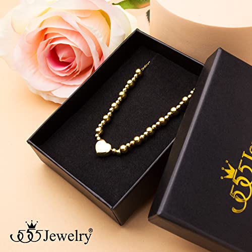 555Jewelry Stainless Steel Beads & Puffed Heart Charm Bracelet for Women & Ladies - color: Gold