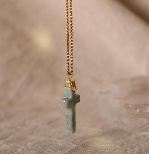 Jade Cross Pendant Necklace, Designed in California, Green Jade Stone with 18K Gold Plated Fox Bail, Religious Amulet Jewelry Gift for Men and Women