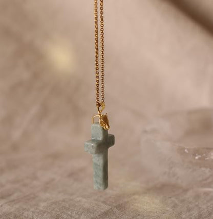 Jade Cross Pendant Necklace, Designed in California, Green Jade Stone with 18K Gold Plated Fox Bail, Religious Amulet Jewelry Gift for Men and Women