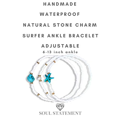 Boho Shell Anklets for Women, 3-Pack Layered Waterproof Ankle Bracelet, Seashell & Starfish Bead Foot Jewelry for Summer Beach Outfits - color: Starfish White