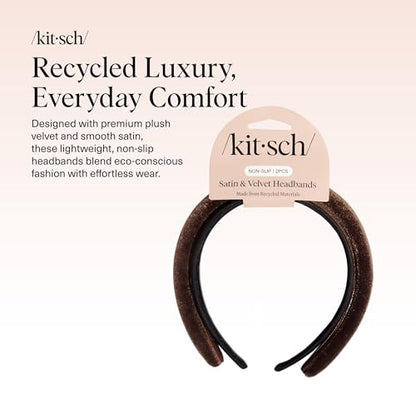 Kitsch Velvet & Satin Headbands for Women - Black & Chocolate, 2pc Set | Non Slip, Soft and Lightweight – Stylish Headbands for Girls with Chic Neutral Shades – Ideal Gifts for Women - color: Black & Chocolate