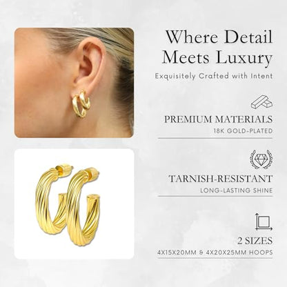 Small Gold Hoop Earrings for Women | 18K Gold Plated Non Tarnish Hoops, Classic Polished Huggie Earrings, 925 Sterling Silver Base, Twist Hoop. (4x20mm & 4x25mm, 3x15mm & 3x20mm) - color: Gold, size: Twist Hoop (4x20mm & 4x25mm)