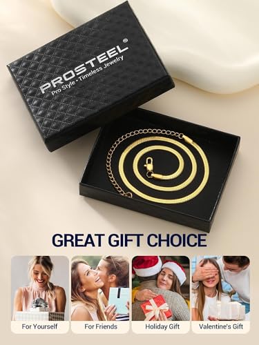 PROSTEEL 3mm/5mm Herringbone Choker Necklace for Women, 12.5"/15"/18", Stainless Steel/Sterling Silver Flat Snake Chain in Silver/Yellow Gold/Rose Gold/Black, Come with Box - color: 3mm-Gold Plated, size: 18 Inch