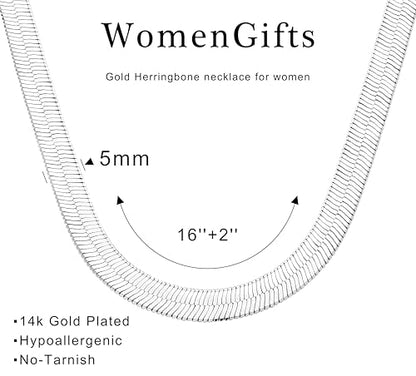 WomenGifts 14K Gold Silver Plated Herringbone Necklace for Women, Dainty Snake Chain Choker, Trendy Simple Long Layered Jewelry Non Tarnish, 3/4/5/8mm,14,16,18,20,22,24,26 Inch Thin & Chunky Options - color: Silver, style: 5mm-16inch