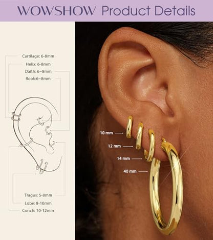 wowshow Gold Hoop Earrings for Women Chunky Hoops 14K Gold Plated Thick Hollow Tube Lightweight Earrings for Mother Birthday Gifts 20/25/30/40/50MM - color: Gold-40mm+10mm+8mm+6mm