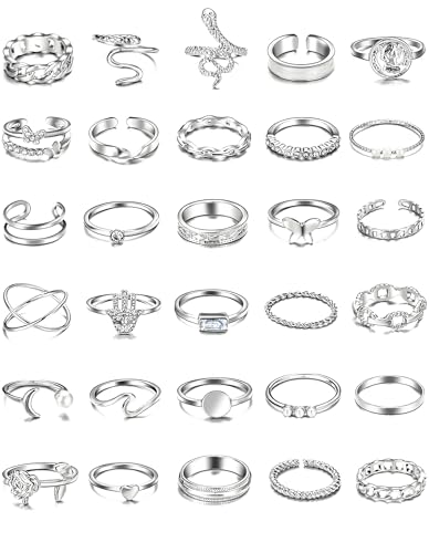 iF YOU 25 Pcs Gold Stackable Ring Set for Women, Chunky Knuckle Finger Midi Rings, Silver Simple Stacking Cute Rings Pack Trendy Stuff Jewelry Gift - style: 30 Silver snake rings