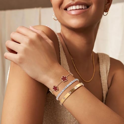 Womens Stackable Floral Gold Bracelets - 3Pcs 18K Gold Plated Bracelet,Stainless Steel Bangle Bracelets Non Tarnish, Gold Bracelet Set Trendy Jewelry,Christmas Valentines Birthday Gifts for Girlfriend