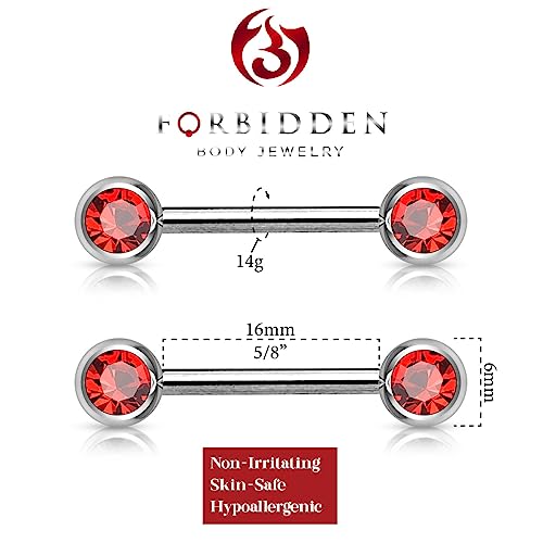 Forbidden Body Jewelry 14g Nipple Ring Barbells Set of 2, Pair of CZ 16mm (5/8 Inch) Barbells with 6mm Balls - color: Red