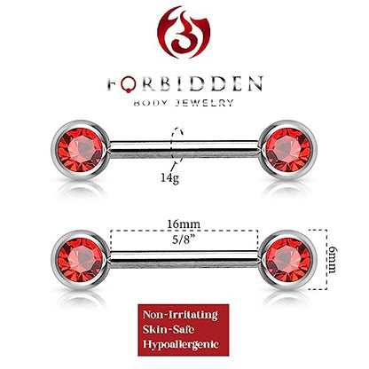 Forbidden Body Jewelry 14g Nipple Ring Barbells Set of 2, Pair of CZ 16mm (5/8 Inch) Barbells with 6mm Balls - color: Red