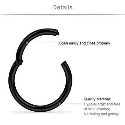 SCERRING 18G Stainless Steel Hinged Clicker Segment Septum Nose Lip Ring Hoop Cartilage Tragus Sleeper Earrings Body Piercing Jewelry 6mm 8mm 10mm 6PCS - color: 3 Pairs - Black