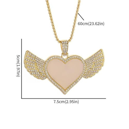 Hip Hop Ice Out Angel Wings Heart Shaped Photo Frame Pendant Necklace for Men and Women Fashion Souvenirs Jewelry Gifts - color: golden