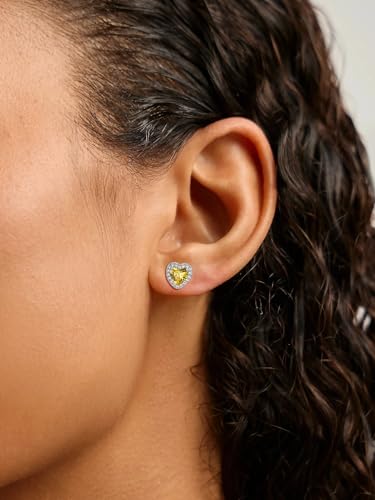 FindChic Birthstone Earrings for Women, Round/Heart/Square/Teardrop Earrings with 925 Sterling Silver Posts & Push Backs, Hypoallergenic Studs with Cubic Zirconia, 12 Months Jewelry with Gift Box - style: 11. November-Yellow Topaz (Heart-Silver)