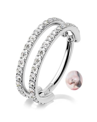 Nose Ring Hoop, 316L Stainless Steel Double Nose Rings, 20G Nose Piercing Jewelry for Women, Clear CZ Helix Cartilage Septum Nose Hoops - color: Silver-7mm