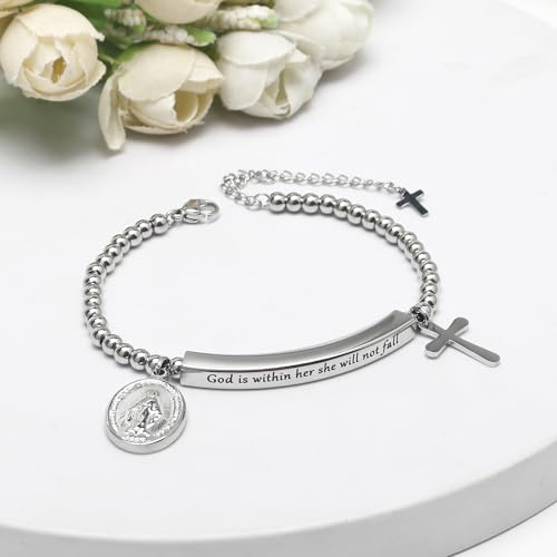 DS Inspirational Bracelet for Women Christian Engraved Bibler Verse Cross Butterfly Daisies Charm Bracelet, Exquisite Stainless Steel Jewelry Daughter Best Friend Bestie - style: God is Within Her She Will Not Fall-Silver
