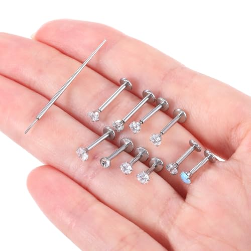 10 Pcs 18G Threadless Push in Flat Back Piercing Jewelry Stainless Steel Nose Rings Labret Lip Studs Cartilage Helix Tragus Earrings 6mm 7mm 8mm Bars for Women Men
