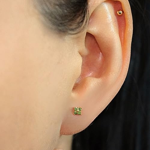 QueenBee 14K Gold Plated Ivy Flower Birthstone Stud Earrings for Women Dainty Floral Gemstone Studs Unique Jewelry Gift for Her - color: Aug-Peridot