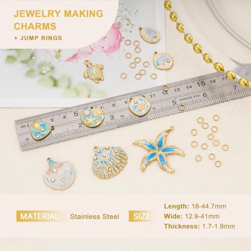 UMAOKANG 9pcs Blue Enamel Ocean Collection Charms for Jewelry Making, Gold Plated Stainless Steel Charm Pendant Bulk with Jump Rings - color: Blue