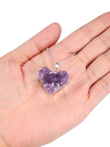 Jovivi Natural Amethyst Cluster Crystal Necklace for Women Men,Irregular Raw Rough Amethyst Quartz Stone Pendant Necklace Jewelry for Spiritual Reiki Healing,Beauty, Love and Positive Energy - color: Silver Plated - Heart Crystal