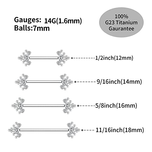 GAGABODY Pair 14G Nipple Rings G23 Titanium Internally Threaded Nipple Barbells 12mm-18mm Bridge Piercing Jewelry Straight Nipple Bar for Women Men Nipple Piercing Jewelry with CZ/Opal - color: STYLE5-Silver+3 CZ&Bead
