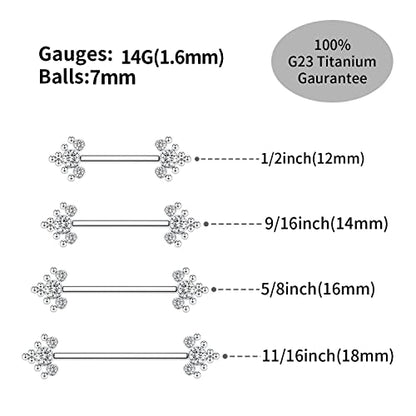 GAGABODY Pair 14G Nipple Rings G23 Titanium Internally Threaded Nipple Barbells 12mm-18mm Bridge Piercing Jewelry Straight Nipple Bar for Women Men Nipple Piercing Jewelry with CZ/Opal - color: STYLE5-Silver+3 CZ&Bead