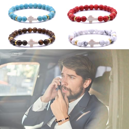 Beaded Bracelets Cross Bracelet for Women Men Lava Rock Turquoise Tiger Eye Natural Bracelet Anxiety Healing - color: 10Pcs- white cross