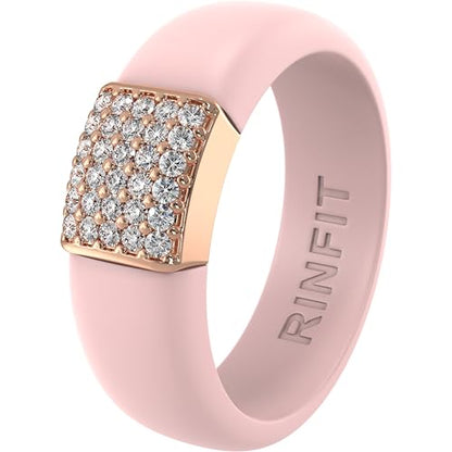 Rinfit Silicone Ring with Metal Plate & CZ for Women | AAAAA Grade Cubic Zirconia Stones, Flexible Rubber Wedding Band, Comfortable Fit, Engagement Ring for Her, Patented Design - color: Pack F: Pink and Rose Gold