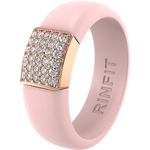 Rinfit Silicone Ring with Metal Plate & CZ for Women | AAAAA Grade Cubic Zirconia Stones, Flexible Rubber Wedding Band, Comfortable Fit, Engagement Ring for Her, Patented Design - color: Pack F: Pink and Rose Gold