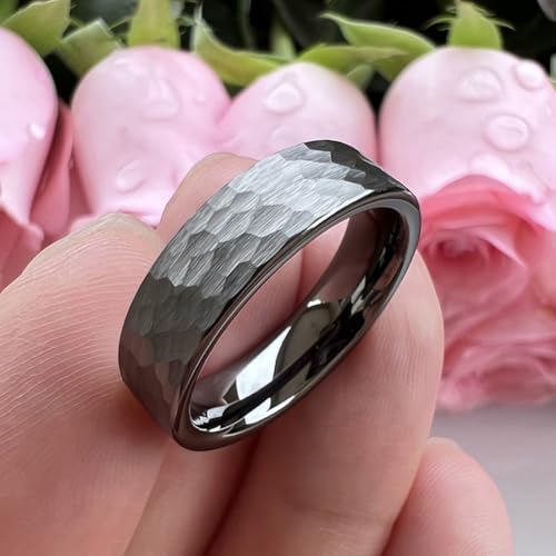 TUTISS 6mm 8mm Silver/Black/Gunmetal/Gold/Rose Gold Hammered Tungsten Rings for Men Women Couple Fashion Jewelry Engagement Wedding Bands Matte Finish Comfort Fit - color: 6mm Gunmetal Tungsten