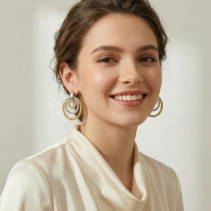 Antique Gold Hammered Disc Drop Earrings Boho Earrings with Two Tone Jewelry Gift - color: EH22701A