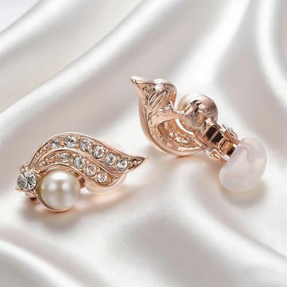 Yoursfs Pearl Clip On Earrings for Women 18K Rose Gold Plated Dainty Iced CZ Angel Wing Earring White Pearl Clip On Earring Non Pierced Earrings Jewelry
