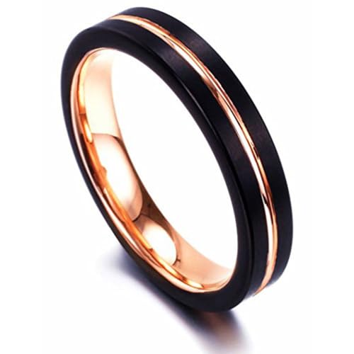 (4mm) Women's Black and Rose Gold Matte Finish Tungsten Carbide Wedding Ring Band. Grooved and Comfort Fit. - size: 11