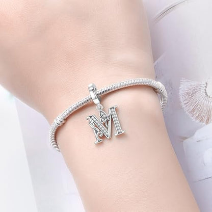 2 Pack 925 Sterling Silver Butterfly Letter Charms for Bracelets and Necklace Alphabet Initial Dangle Pendants Round Spacer Beads Pave Cubic Zirconia Jewelry Gift for Women - color: M Set