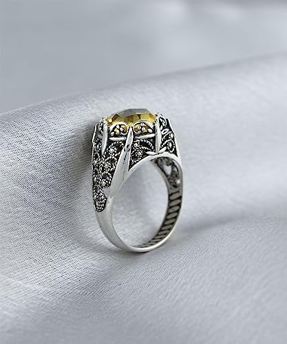 Filigranist 925 Sterling Silver Filigree Art Women Mini Dome Cocktail Ring with Gemstone, Gift Boxed - color: Citrine