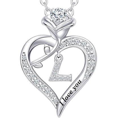 Rose Heart Pendant Necklace Gifts for Wife, Engraved 'I love you' Gift for Wife Girlfriend, Anniversary Birthday Eternity Jewelry Present for Women, Moissanite Necklace Gift for Her - style: L