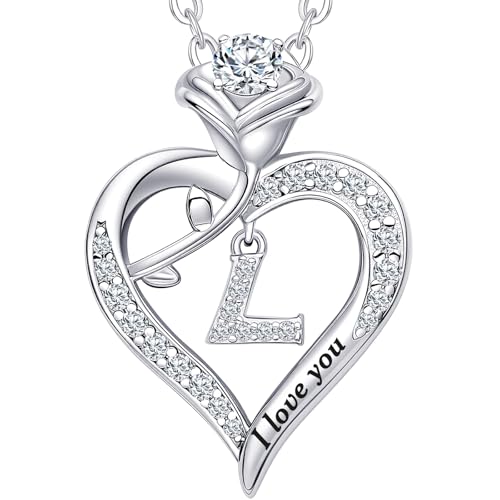 Rose Heart Pendant Necklace Gifts for Wife, Engraved 'I love you' Gift for Wife Girlfriend, Anniversary Birthday Eternity Jewelry Present for Women, Moissanite Necklace Gift for Her - style: L
