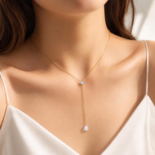 Lariat Necklace for Women CZ Y Shaped Necklaces Summer Birthday Jewelry Gifts - color: Gold Round Teardrop Drop