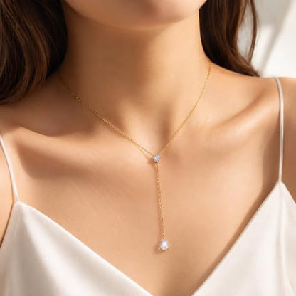 Lariat Necklace for Women CZ Y Shaped Necklaces Summer Birthday Jewelry Gifts - color: Gold Round Teardrop Drop