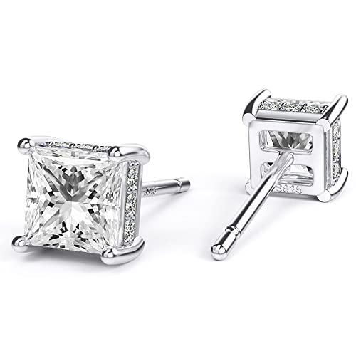 Princess Cut Cubic Zirconia Stud Earrings for Men Women | Square CZ Simulated Diamond Studs, 18K White Gold Plated Sterling Silver, Hypoallergenic - color: White Gold, size: 4MM