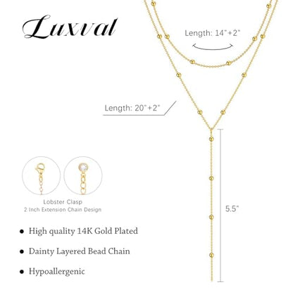 Luxval Lariat Silver Necklace for Women, Dainty Long Necklace Silver Y-Shaped Pendant Necklaces Trendy Beaded Chain Drop Necklaces Jewelry for Women Gifts - color: Gold-Bead Layered