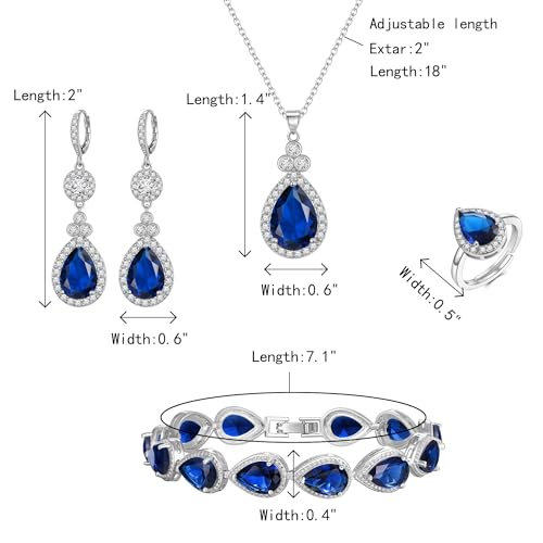 Crysdue Wedding Bridal Teardrop CZ Pendant Necklace Open Ring Dangle Earrings Adjustable Slider Bracelet Jewelry Set, Birthday Mothers Day Christmas Jewellery Gift for Women/Mom/Wife - style: 03-4 pcs Round&Teardrop-Blue Silver-Tone