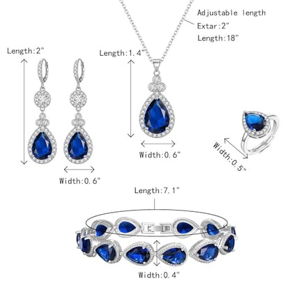 Crysdue Wedding Bridal Teardrop CZ Pendant Necklace Open Ring Dangle Earrings Adjustable Slider Bracelet Jewelry Set, Birthday Mothers Day Christmas Jewellery Gift for Women/Mom/Wife - style: 03-4 pcs Round&Teardrop-Blue Silver-Tone