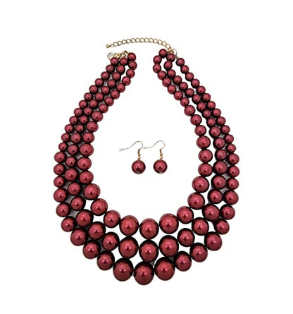 Simulated Pearl Necklace & Earring Set, Multi Strand - color: Burgundy