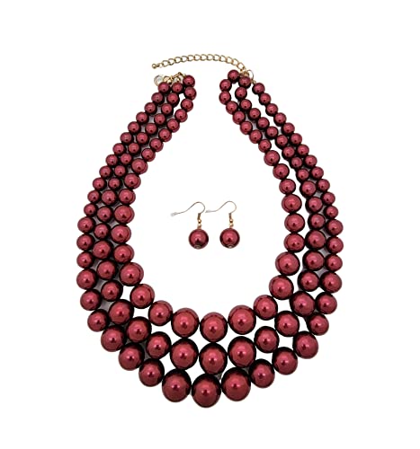 Simulated Pearl Necklace & Earring Set, Multi Strand - color: Burgundy